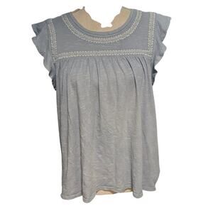 Lucky Brand Size L Embroidered Babydoll Top Shirt Boho Blue